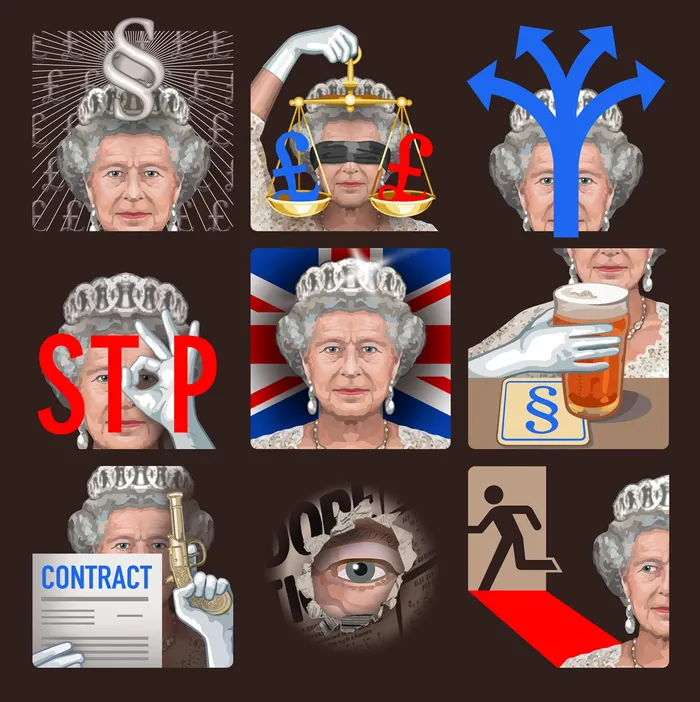 Collage showing Queen Elizabeth II with legal, contract, and exit symbols