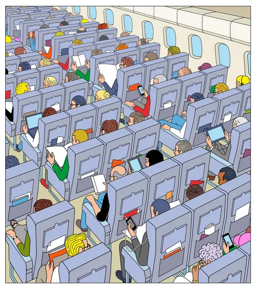 Passengers sitting in airplane seats doing different activities