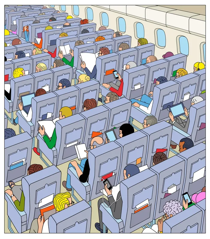 Passengers sitting in airplane seats doing different activities