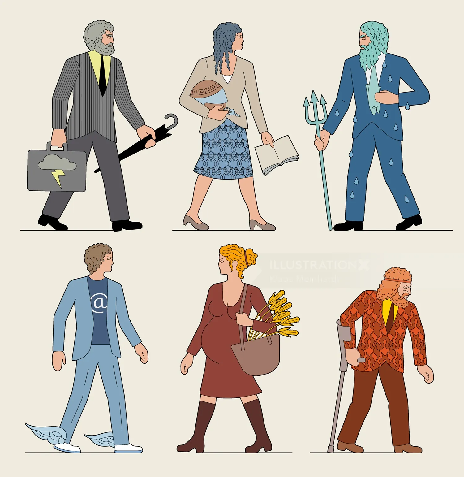 Six diverse characters in varied clothing and poses illustration