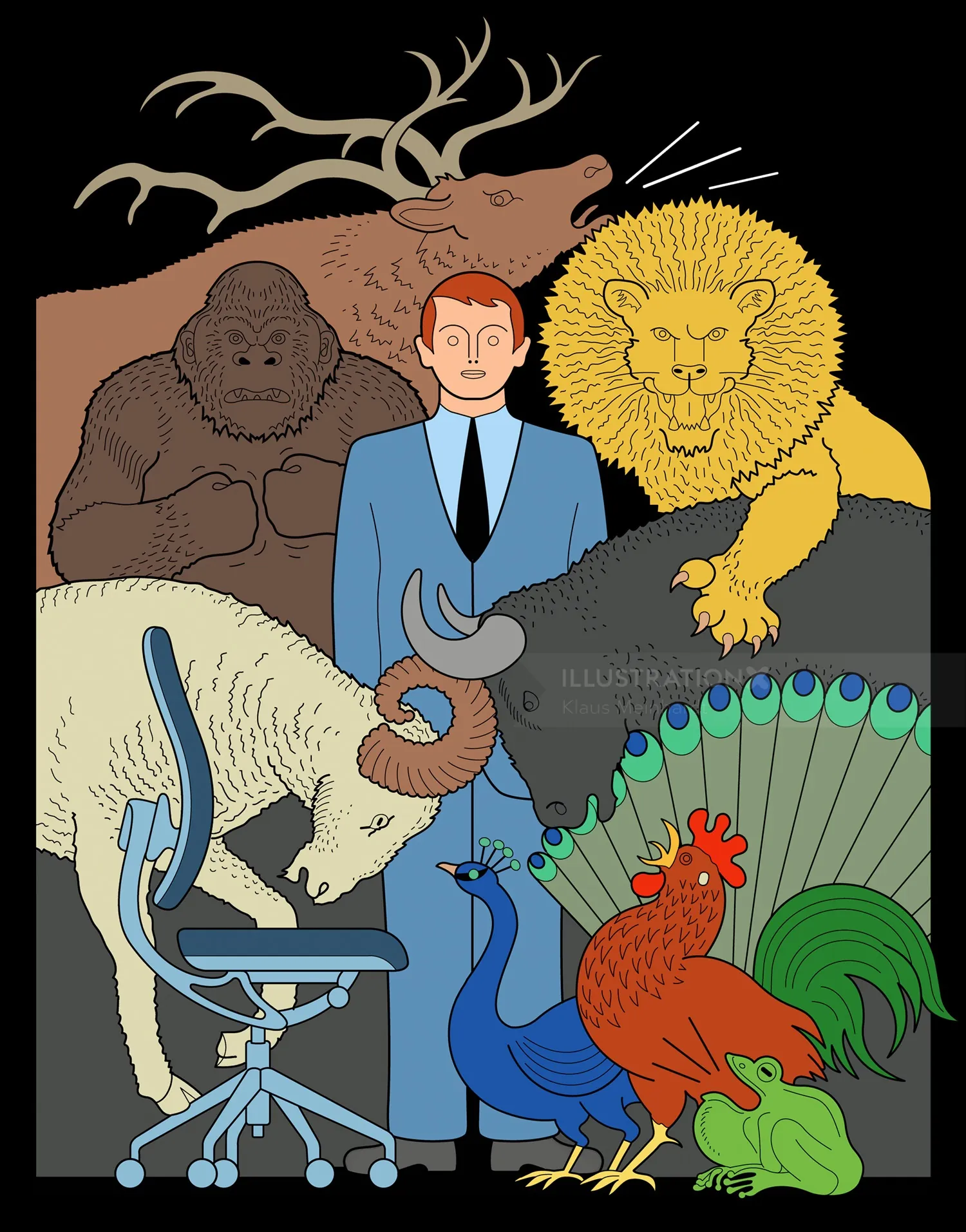 Illustration of man with Chinese zodiac animals around him