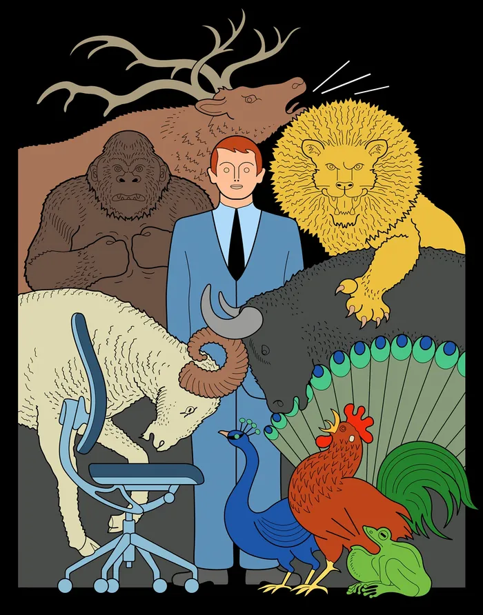 Illustration of man with Chinese zodiac animals around him