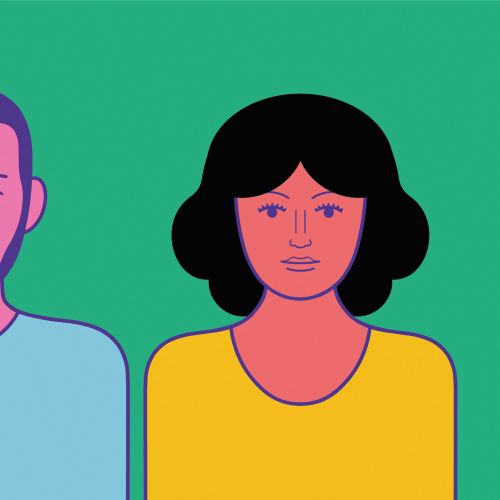 Portrait of a man and woman with different skin colors on green background