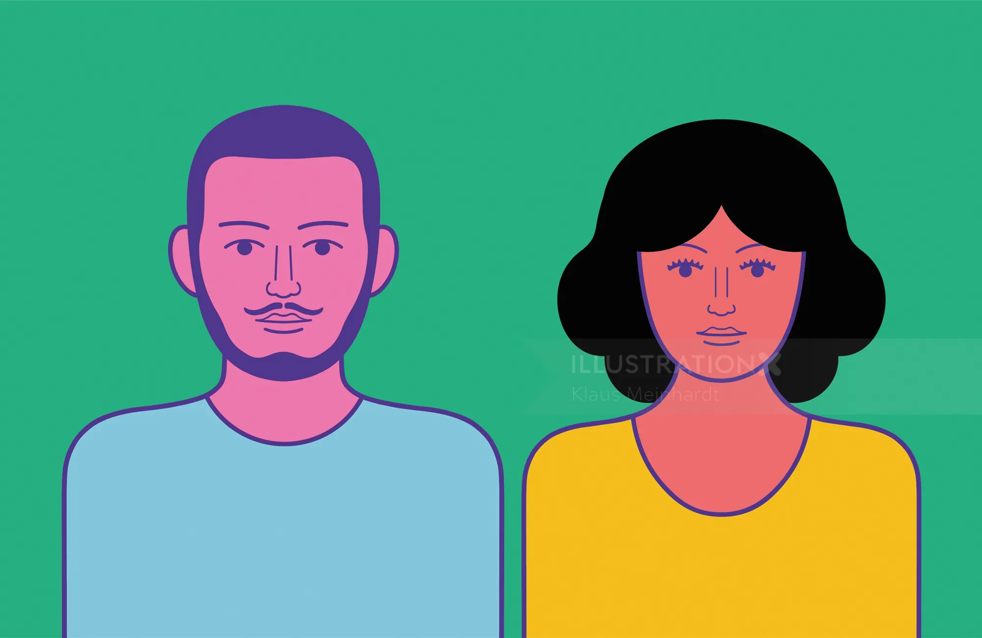 Portrait of a man and woman with different skin colors on green background