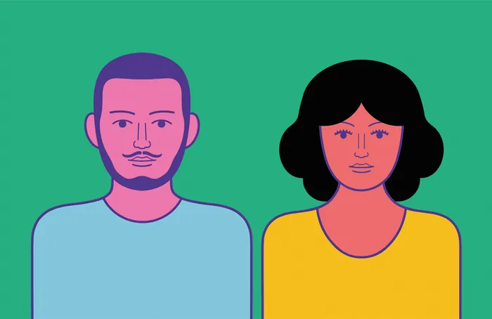 Portrait of a man and woman with different skin colors on green background