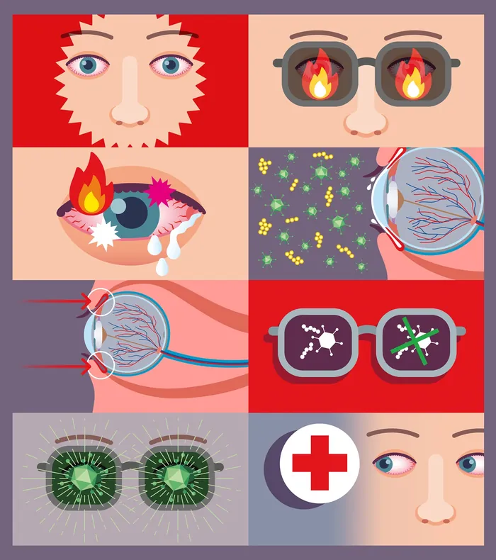 Illustration depicting eye irritation, allergies, and eye protection with sunglasses