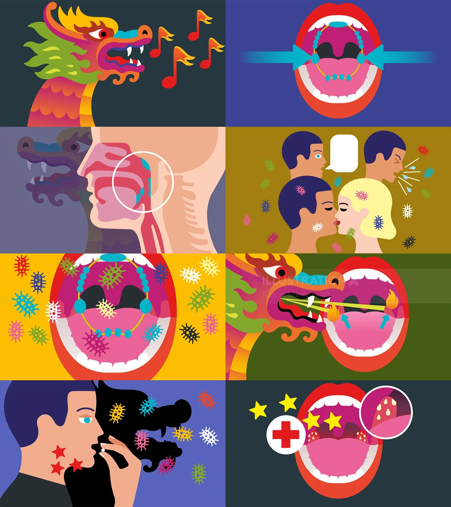 Illustrations of virus spread and protection in the mouth and respiratory system