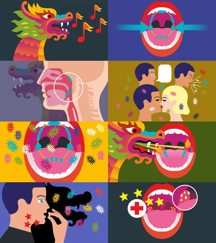 Illustrations of virus spread and protection in the mouth and respiratory system