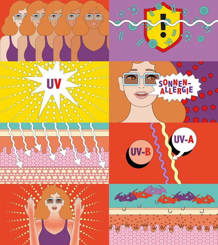 Conceptual illustrations of UV rays, sun allergy, and skin layers