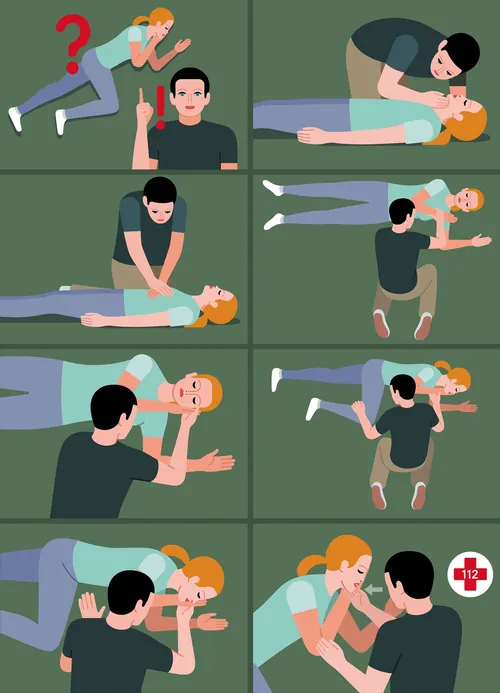 Illustration of CPR steps including chest compressions and rescue breaths