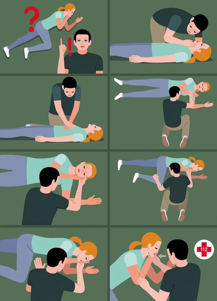 Illustration of CPR steps including chest compressions and rescue breaths