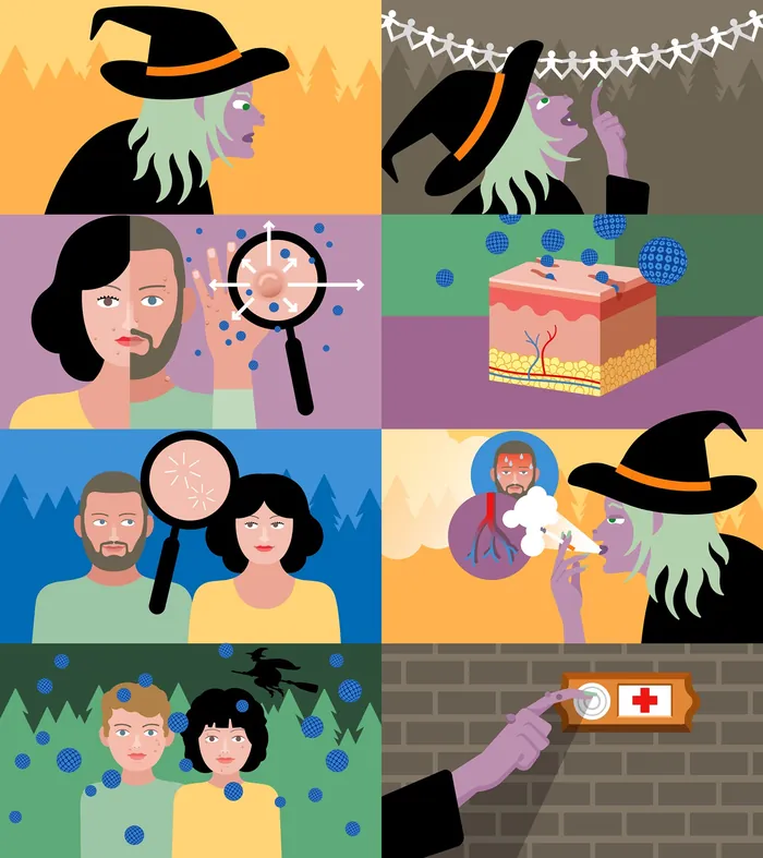Collage showing allergy symptoms and remedies featuring a witch figure.