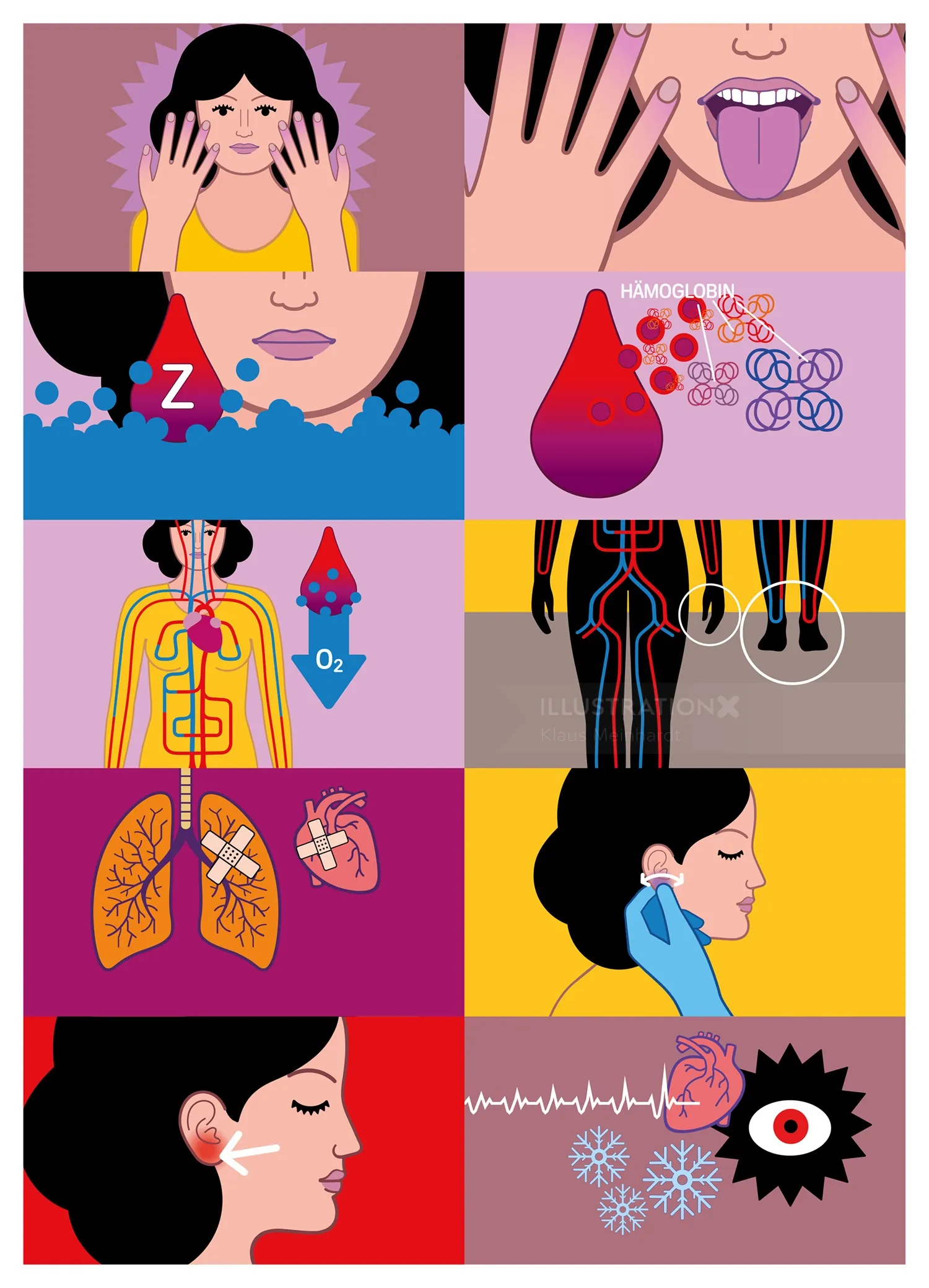 Cartoon woman with visuals of body systems, blood cells, and health signs
