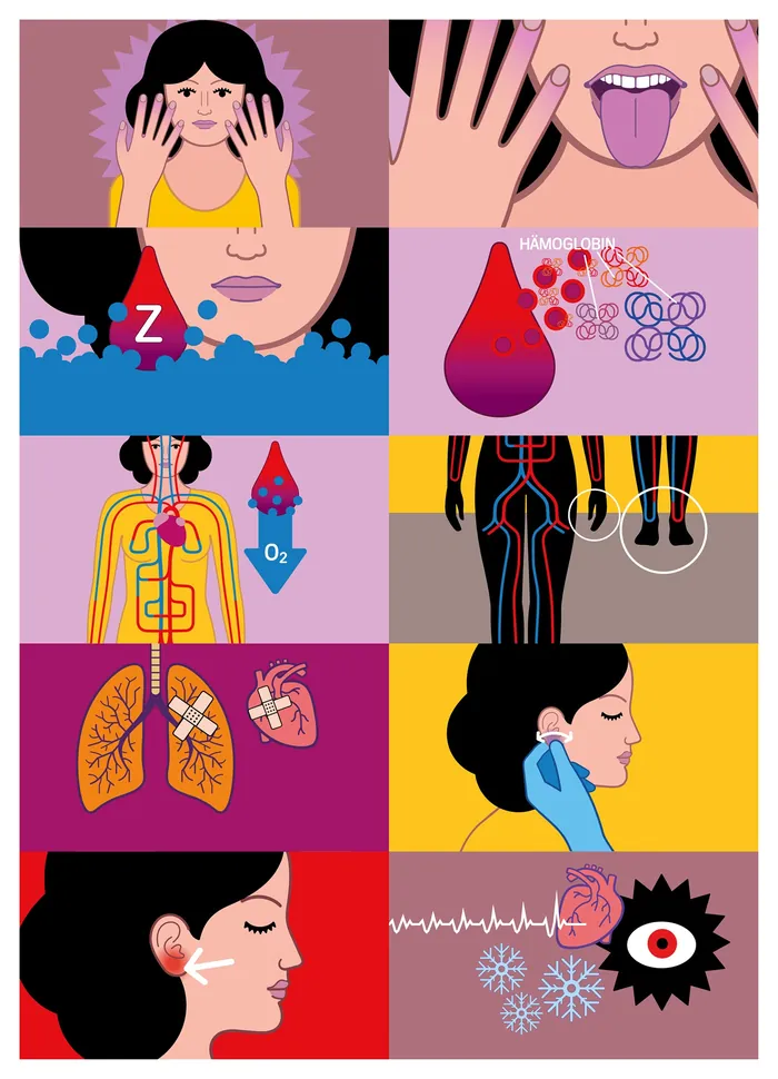Cartoon woman with visuals of body systems, blood cells, and health signs