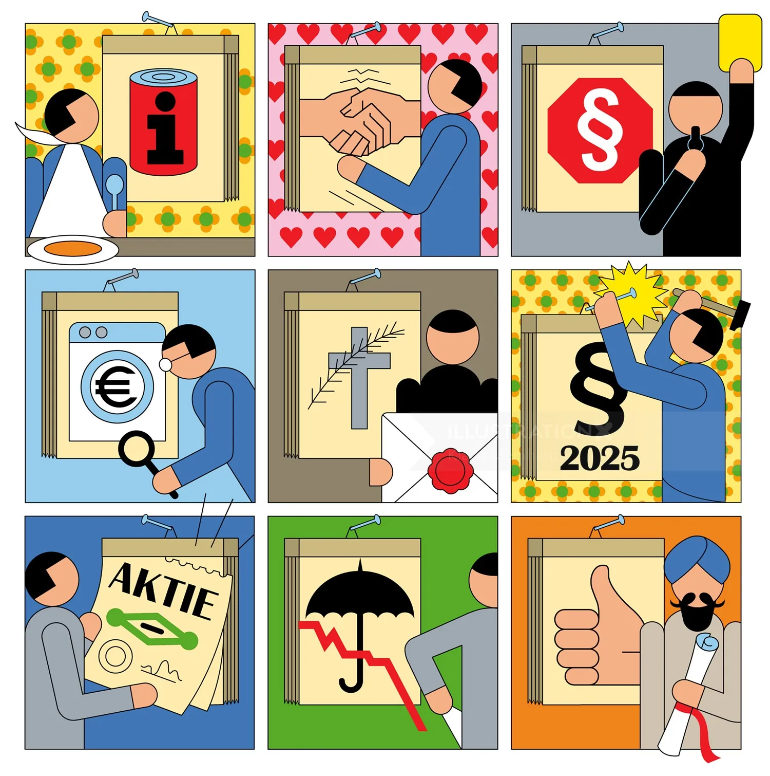 Cartoon images showing laws, contracts, finance, and insurance themes.
