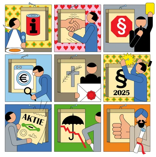 Cartoon images showing laws, contracts, finance, and insurance themes.