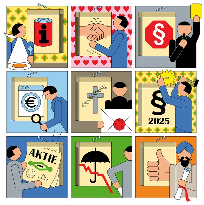 Cartoon images showing laws, contracts, finance, and insurance themes.