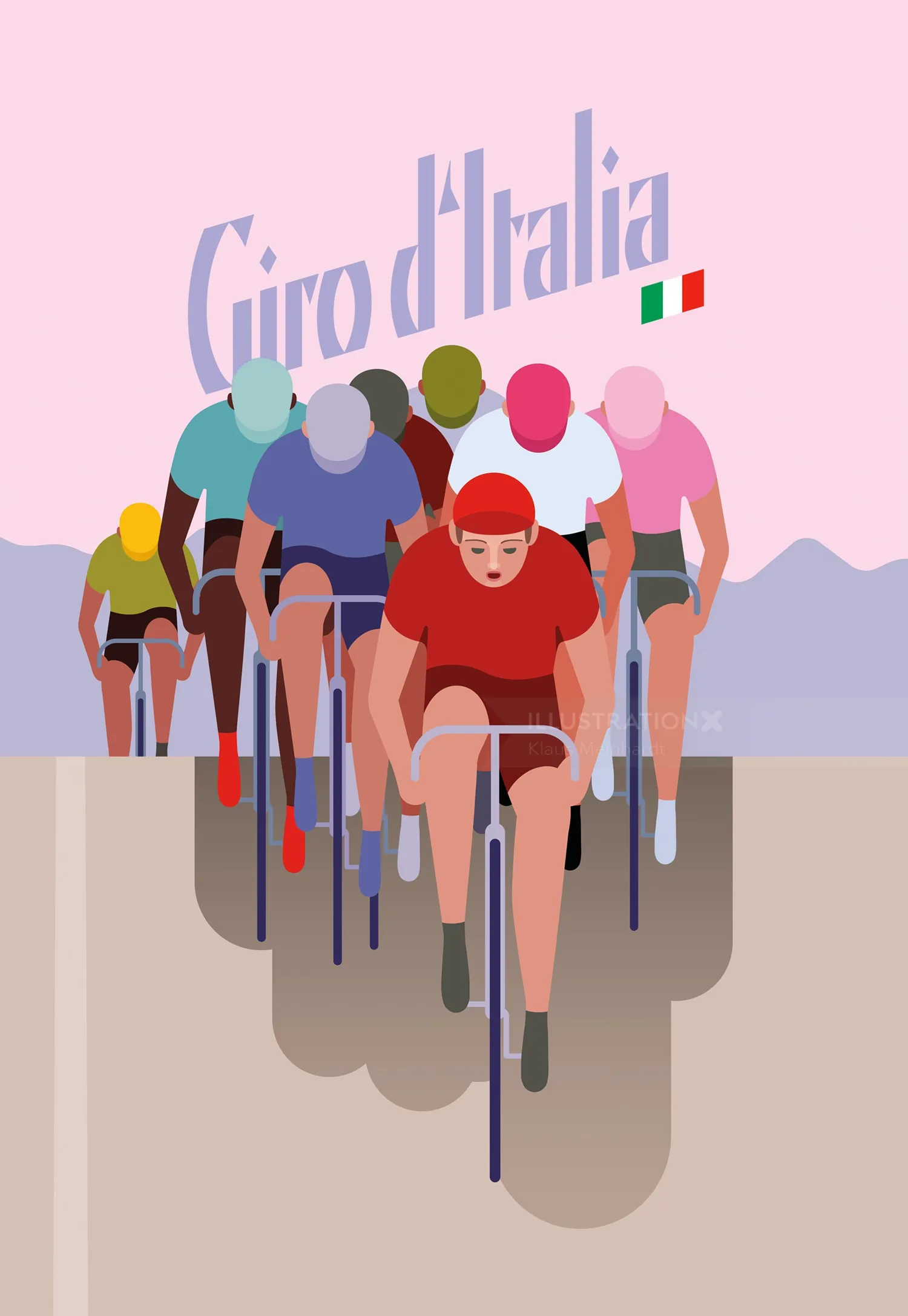 Cyclists racing in Giro d'Italia with Italian flag in background