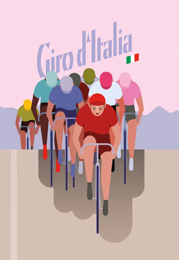 Cyclists racing in Giro d'Italia with Italian flag in background