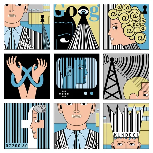 Illustrations of people with barcodes, eyes, and digital tracking symbols