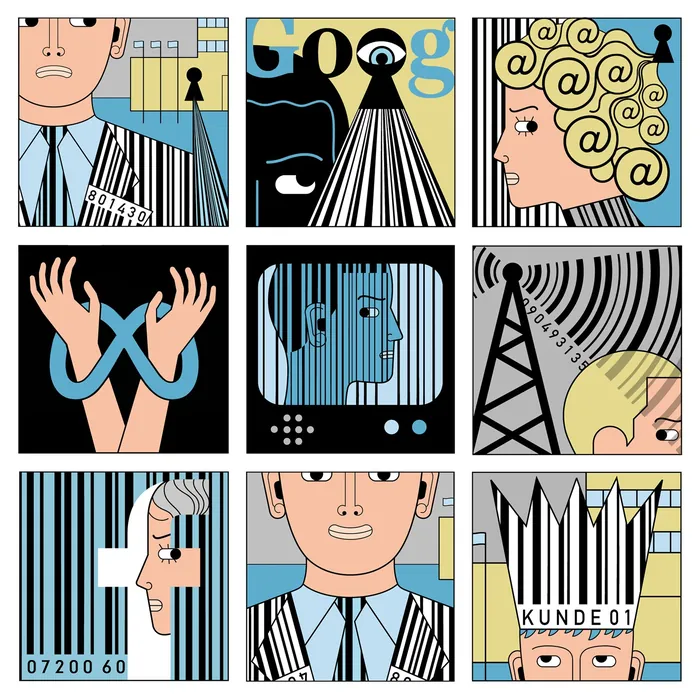 Illustrations of people with barcodes, eyes, and digital tracking symbols