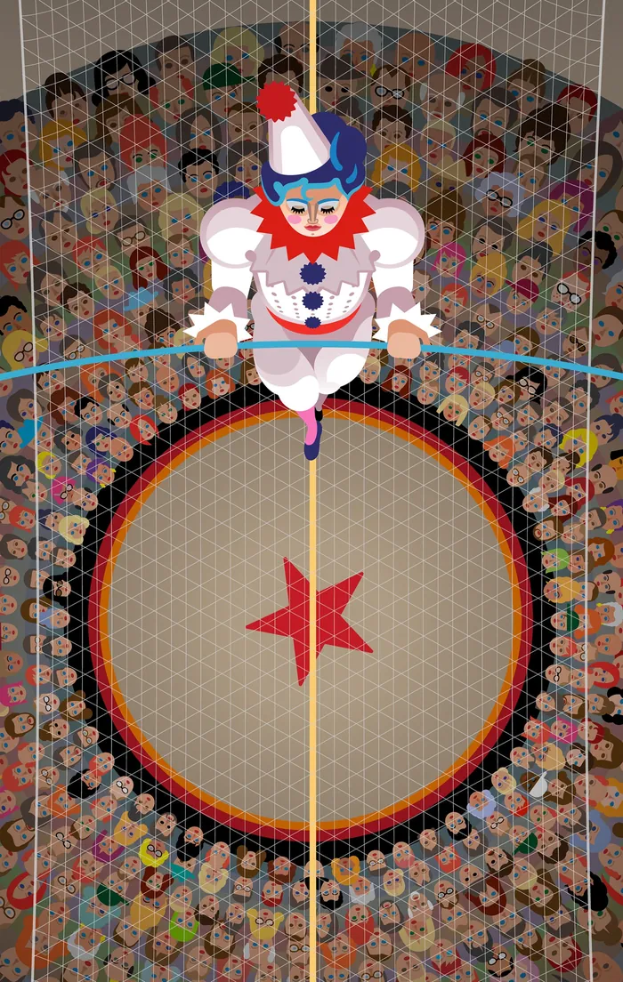 Clown performing tightrope walk in circus ring with audience around