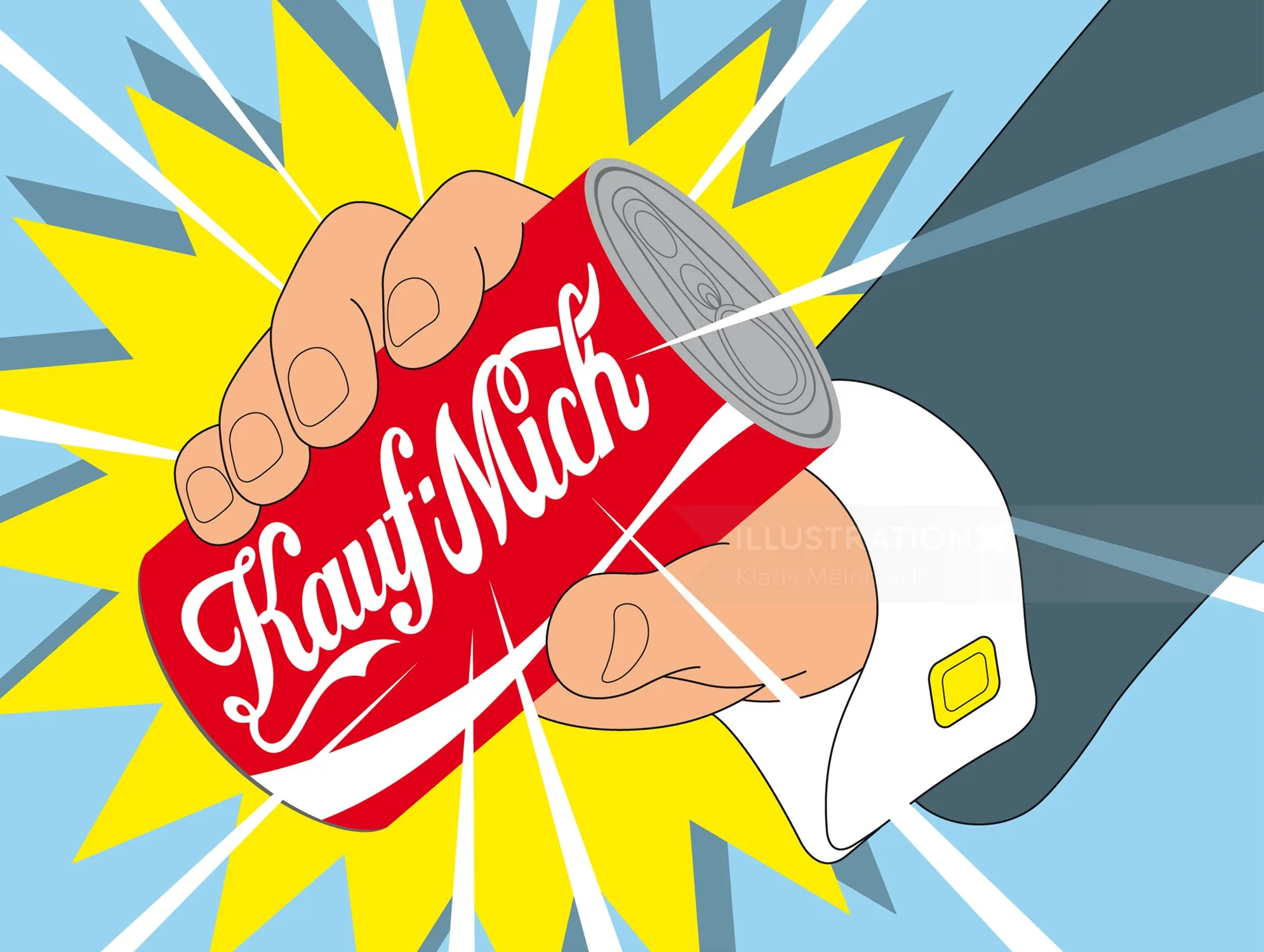Hand gripping a red soda can with 'Kauf Mich' text in comic art