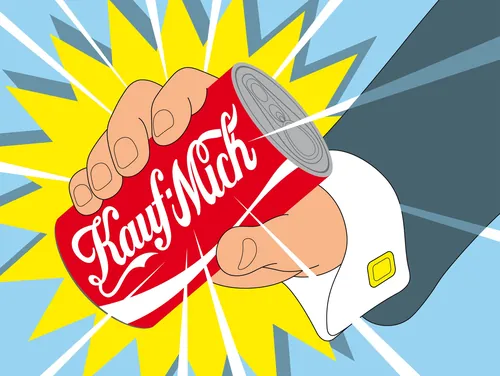 Hand gripping a red soda can with 'Kauf Mich' text in comic art