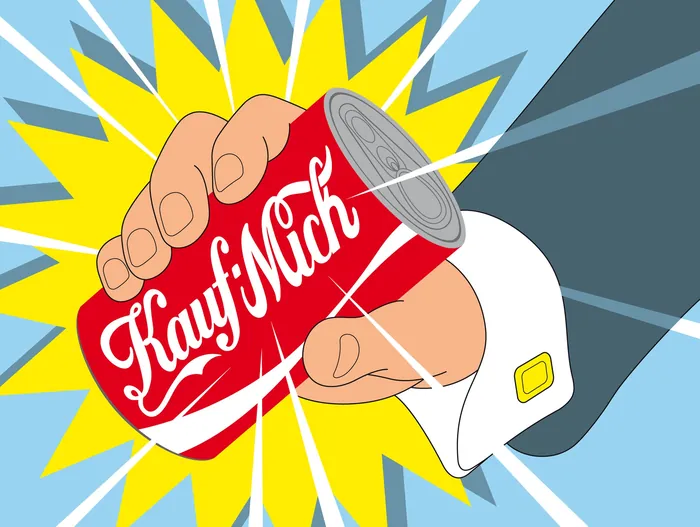 Hand gripping a red soda can with 'Kauf Mich' text in comic art