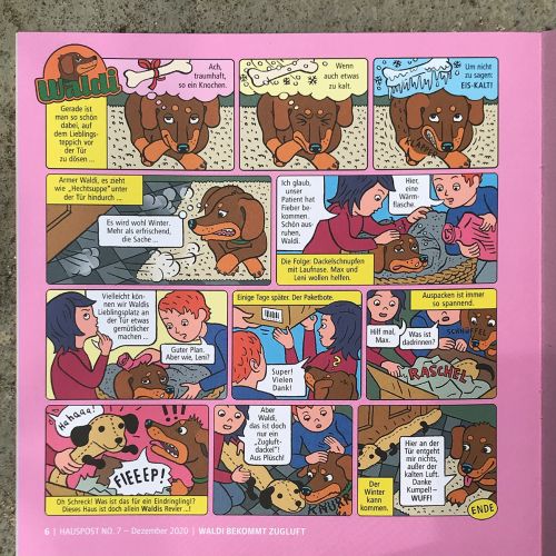 Colorful comic strip with a talking dog and children interacting
