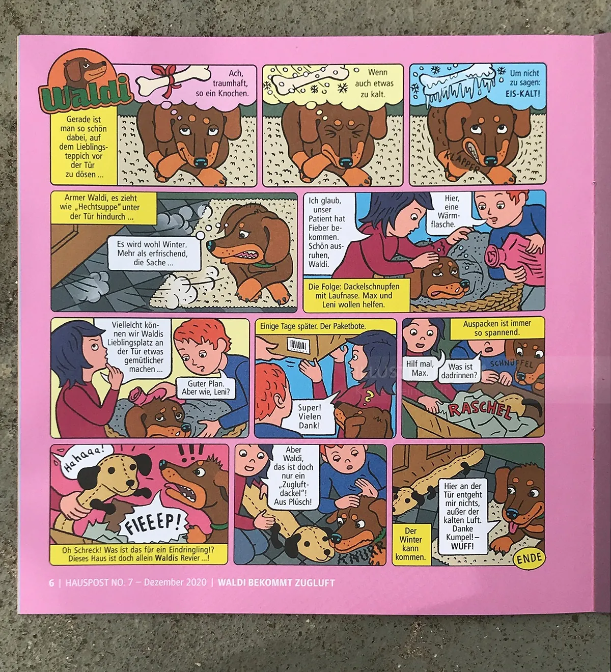Colorful comic strip with a talking dog and children interacting