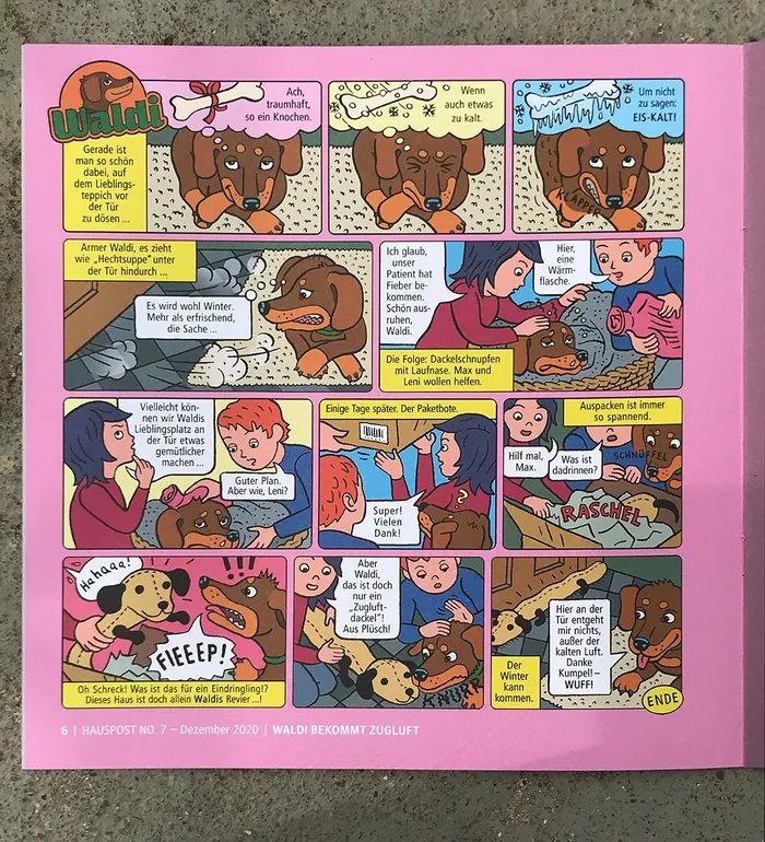Colorful comic strip with a talking dog and children interacting