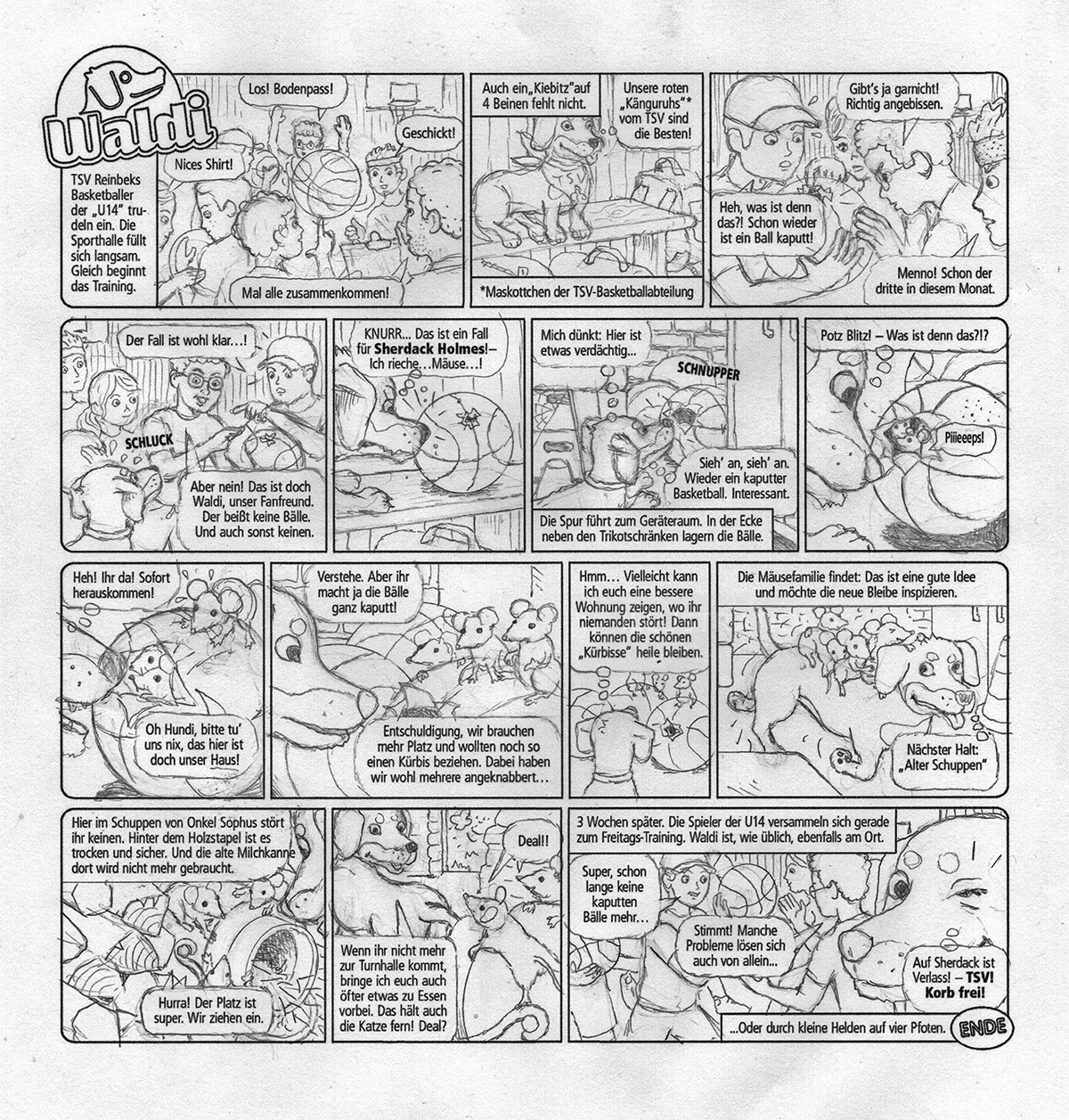 German comic strip with multiple panels and cartoon characters in dialogue.