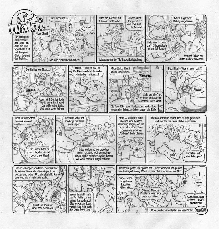 German comic strip with multiple panels and cartoon characters in dialogue.