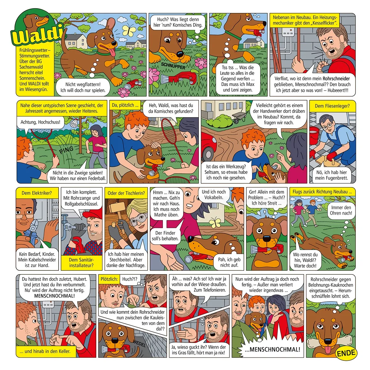 Colorful comic strip of animal rescue featuring Waldi and friends.