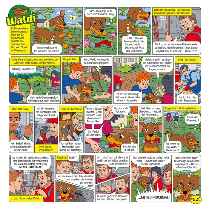 Colorful comic strip of animal rescue featuring Waldi and friends.