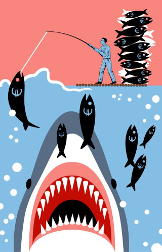 Homme d&#39;affaires pêche livre signe poisson ignorant le requin