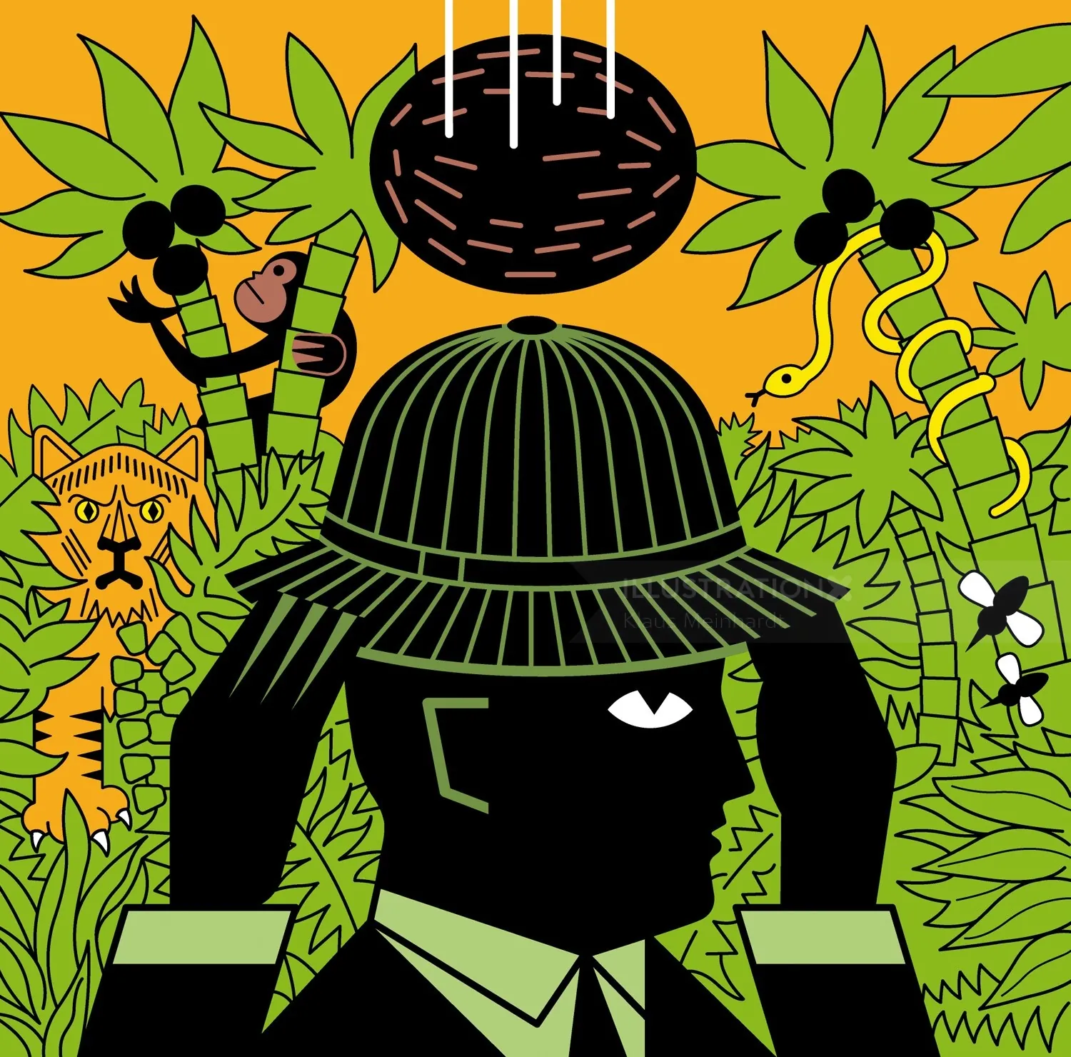 Jungle explorer adjusting helmet amidst animals and plants by Klaus Meinhardt