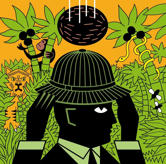 Jungle explorer adjusting helmet amidst animals and plants by Klaus Meinhardt