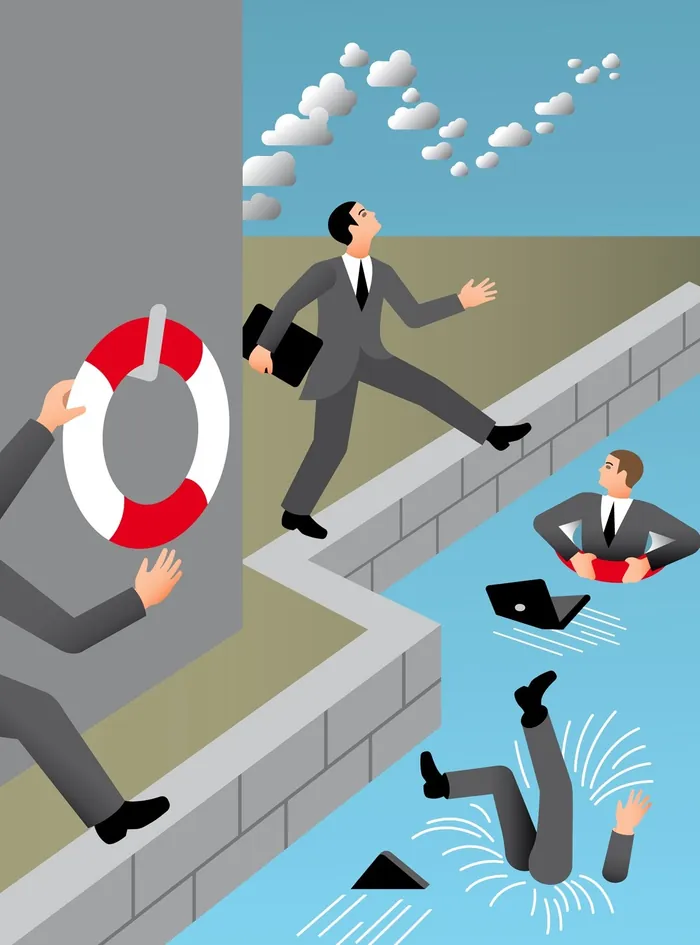 Businessmen navigating water hazard illustration by Klaus Meinhardt