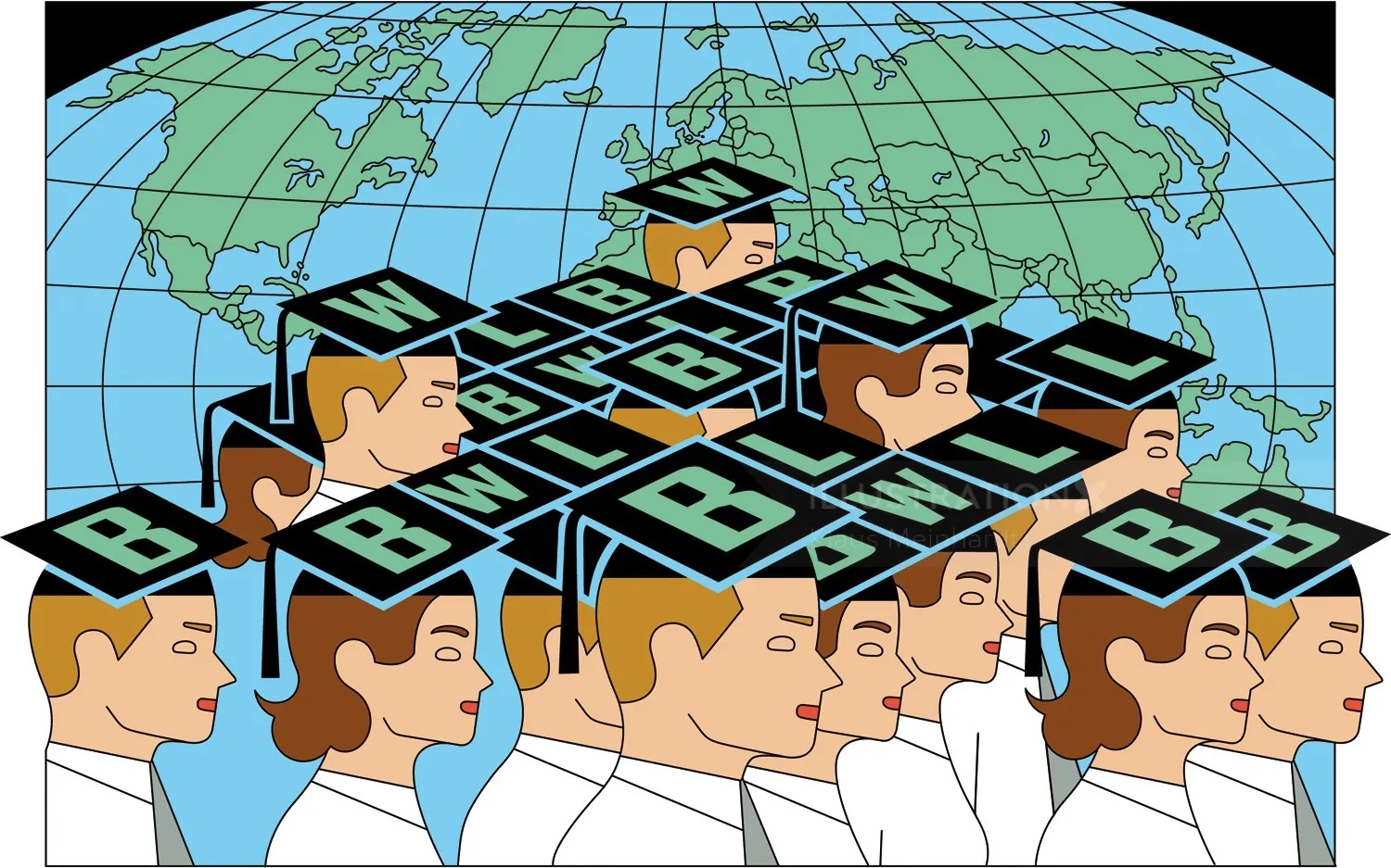 Illustration of people with graduation caps showing letters in front of a world map by Klaus Meinhar