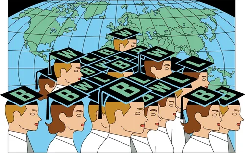 Illustration of people with graduation caps showing letters in front of a world map by Klaus Meinhar