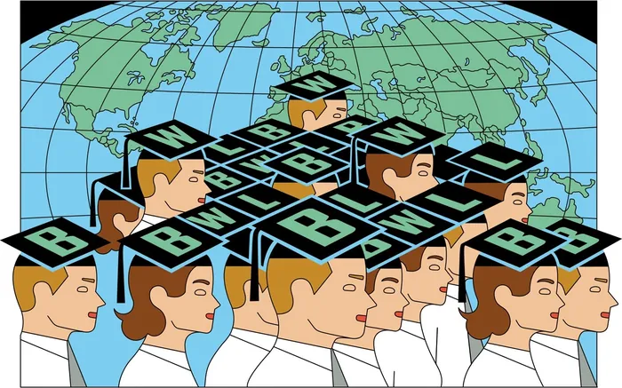 Illustration of people with graduation caps showing letters in front of a world map by Klaus Meinhar