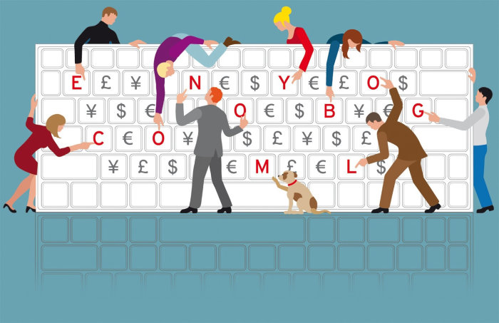人和一只狗，显示计算机键盘字母