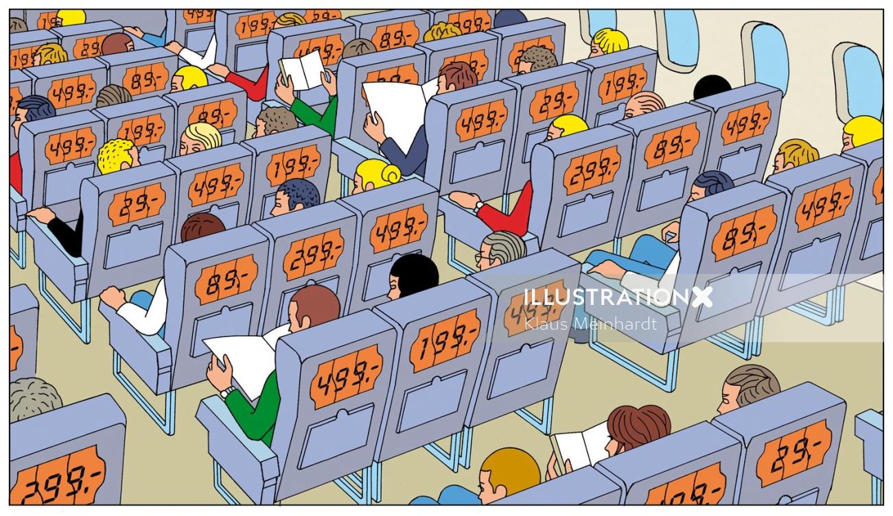 People in the aeroplane with different seat fares