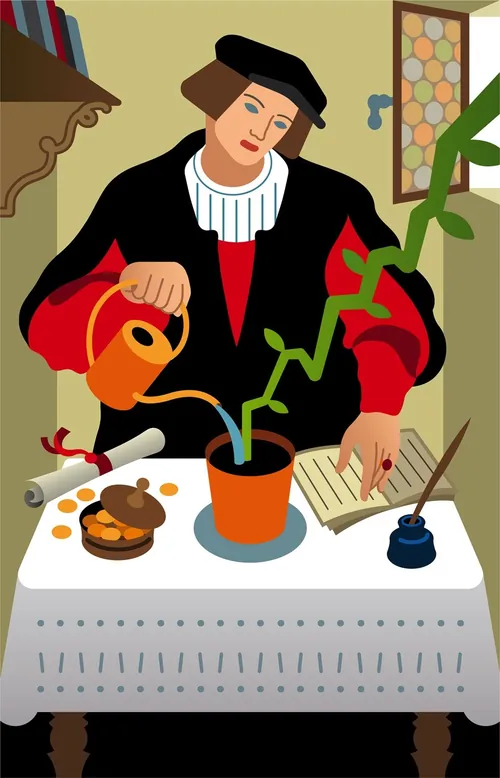 Medieval man watering plant with book and ink on table by Klaus Meinhardt