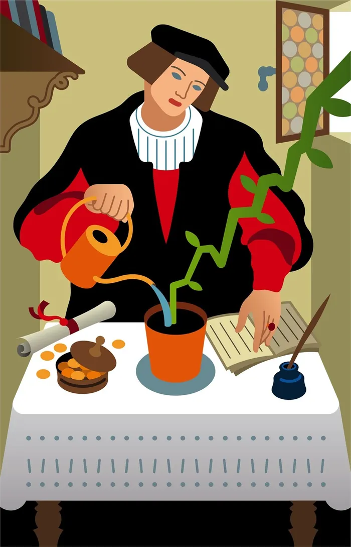 Medieval man watering plant with book and ink on table by Klaus Meinhardt
