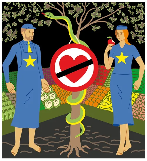 Two figures in star robes near tree with serpent and heart symbol by Klaus Meinhardt