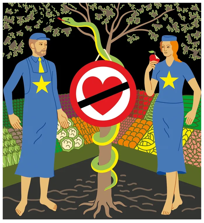Two figures in star robes near tree with serpent and heart symbol by Klaus Meinhardt