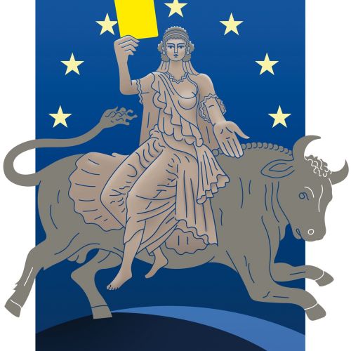 Woman holding yellow card riding a bull with stars in background by Klaus Meinhardt
